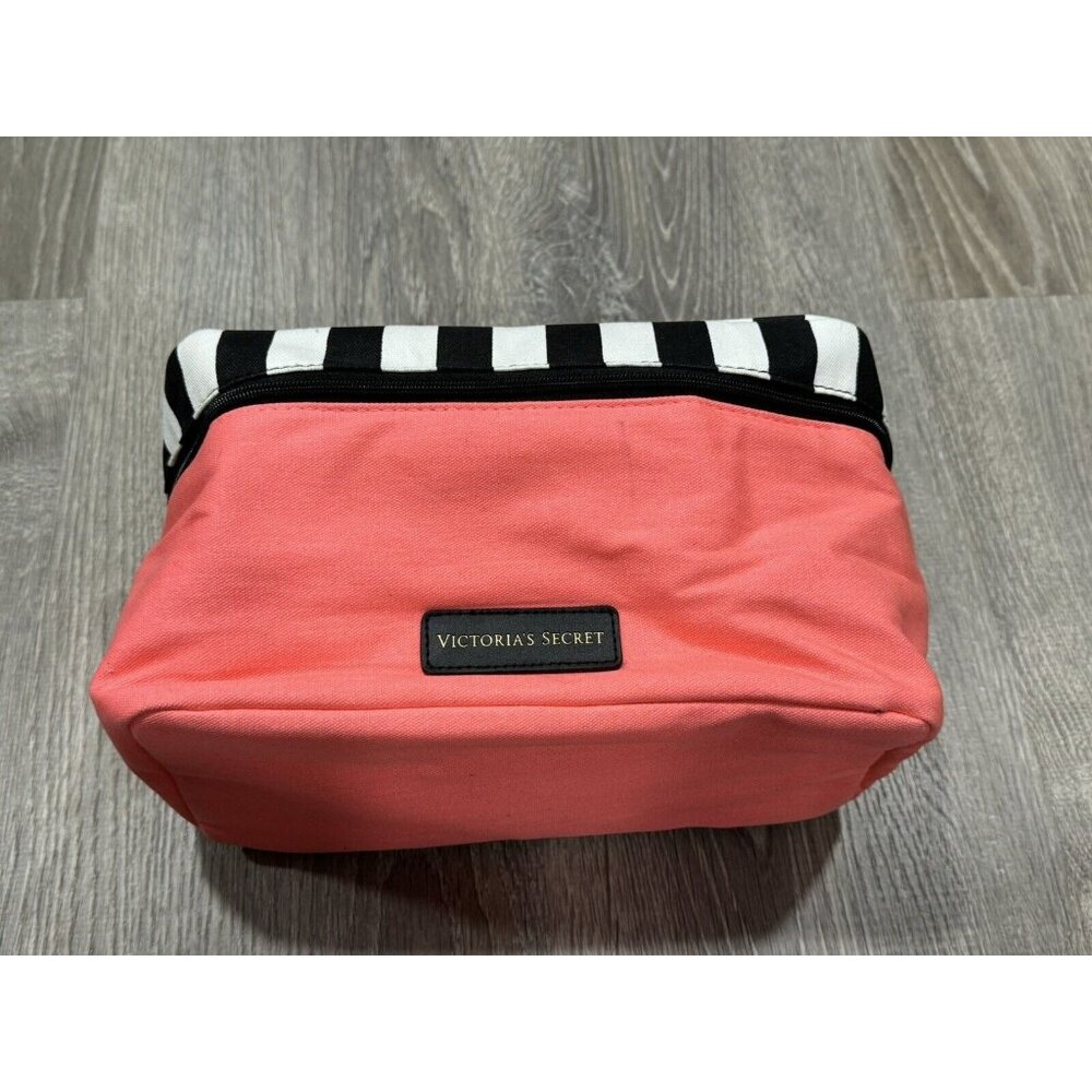 Victoria's Secret Coral Pink Cosmetic Pouch with Black & White Stripe Trim